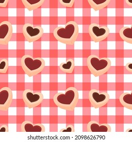 Patrón sin fisuras del día de San Valentín. Escocia, Plaid, Tartán, patrón Gingham. Patrón de galletitas de corazones sin inconveniente.