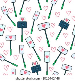 Valentine's Day. Seamless pattern selfie stick icon. Vector illustration isolated on white background. Concept sign a blogger broadcast in social networks. Festive hearts valentine.