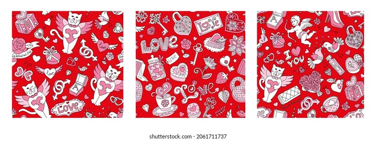 Valentine's Day seamless pattern set. Hand drawn doodles. Vector illustrations. Collection of cartoon fun illustrations: cupids, hearts, jewelry, gifts, cats, roses and sweets