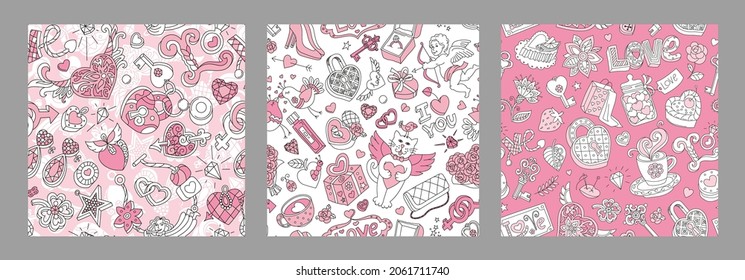 Valentine's Day seamless pattern set. Hand drawn doodles. Vector illustrations. Collection of cartoon fun illustrations: cupids, hearts, jewelry, gifts, cats, roses and sweets