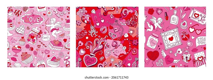 Valentine's Day seamless pattern set. Hand drawn doodles. Vector illustrations. Collection of cartoon fun illustrations: cupids, hearts, jewelry, gifts,roses and sweets