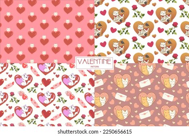 Valentine's day seamless pattern set collection. Romantic backgrounds with cats and hearts. For greeting cards, wrapping paper 