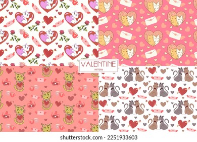 Valentines day seamless pattern set collection. Romantic pink background wallpaper with hand drawn cat and heart. Vector illustration