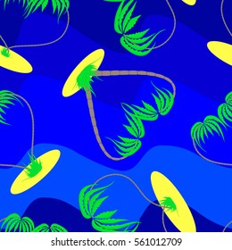valentine's day seamless pattern from set of different palm trees on a blue waves background  