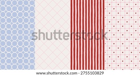 Valentines day seamless pattern set with hearts, stripes, geometric shapes and grid in red, pink and blue colors
