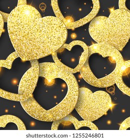 Valentines Day seamless pattern with shining hearts. Holiday card illustration on dark background