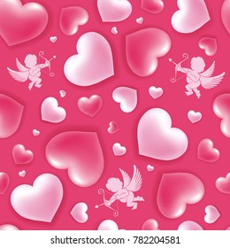 Valentinstag nahtloses Muster mit glänzenden und glänzenden Herzen, Symbol der Liebe und Cupiden auf rosafarbenem Hintergrund. Vektorgrafik.