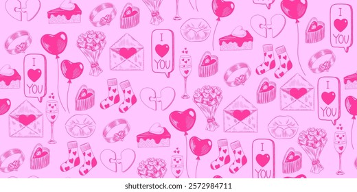 Valentine's day seamless pattern with sketch style romantic illustrations. Background with hearts, flowers, I love you inscriptions, sweets
