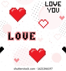 Valentines day seamless pattern with small red and pink pixelated hearts, text Love You, dots, spots. Abstract geometric texture in 90's style. Love romantic theme. Repeat design for decor, print, web