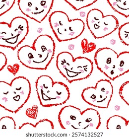 Valentine's day seamless pattern smiling love heart. Bright vibrant like kids hand drawing doodle funny style set. Crayon, pastel chalk or pencil. Cartoon simple cute girly joyful character background