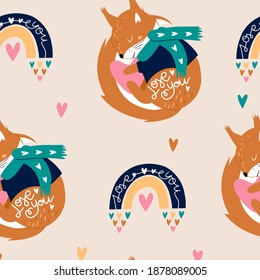 Valentine's Day seamless pattern with squirrel and rainbow. Romantic design for wrapping paper, fabrics, covers and cards. Vector illustration.
