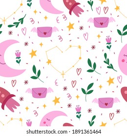 Día de San Valentín sin fisuras con estrella y luna. Vector lindo plantilla para envolver papel.