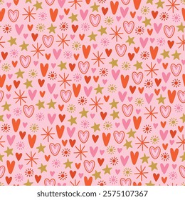 Valentine's Day seamless pattern with stars and hearts on pink background. Perfect for wallpaper, gift paper, romantic greeting cards. Vector hand drawn illustration