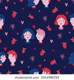 Valentine's Day seamless pattern with strawberries, stars, couples on dark background. Perfect for wallpaper, gift paper, greeting cards. Vector illustration