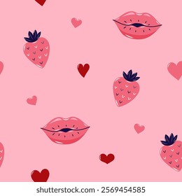 Valentine's Day Seamless pattern with strawberry and Kissing lips. Cute background for textiles and packaging. Vector illustration.