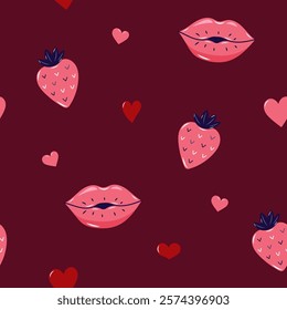 Valentine's Day Seamless pattern with strawberry and Kissing lips. Cute background for textiles and packaging. On burgundy background. Vector illustration.