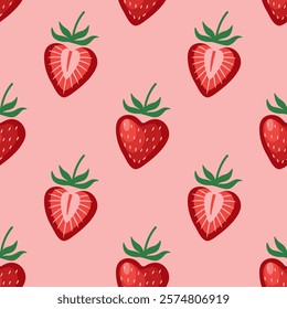 Valentines Day seamless pattern with strawberry hearts on a pastel pink background. Bright red heart shaped strawberries background. Cute vector pattern for a wrapping paper, textile print, wallpaper