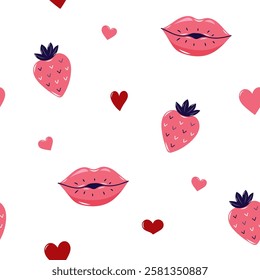 Valentine's Day Seamless pattern with strawberry and Kissing lips. Cute background for textiles and packaging. On white background. Vector illustration.