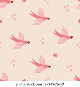 Valentine's Day seamless pattern with swallows and hearts on white background. Perfect for wallpaper, gift paper, romantic greeting cards. Vector hand drawn illustration