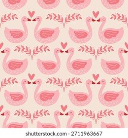 Patrón sin fisuras de San Valentín con cisnes, corazones y ramas sobre fondo blanco. Perfecto para el Fondo de pantalla, papel de regalo, tarjetas de felicitación románticas. Vector dibujado a mano ilustración