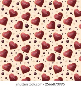 Valentine's Day seamless pattern. Sweets in glaze. Gingerbread cookies in the shape of hearts in chocolate, cookies. I love you. Holiday design for textiles or wrapping paper.