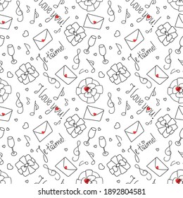 Valentine's day seamless pattern. Valentine's day symbols in doodle style on white background.