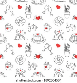 Valentine's day seamless pattern. Valentine's day symbols in doodle style on white background.