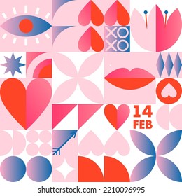Plantilla de patrón sin fisuras de San Valentín.Papel mural vectorial romántico en baudihaus con elementos geométricos y símbolos.Diseño moderno de moda para impresiones, banners, tela, invitaciones, branding, cubiertas.
