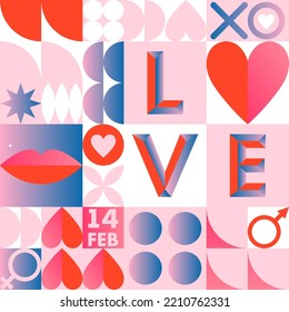 Plantilla de patrón sin fisuras de San Valentín.Papel mural vectorial romántico en baudihaus con elementos geométricos y símbolos.Diseño moderno de moda para impresiones, banners, tela, invitaciones, branding, cubiertas.