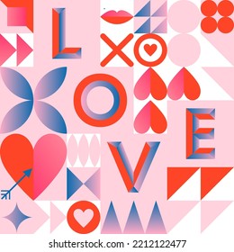 Plantilla de patrón sin fisuras de San Valentín.Papel mural vectorial romántico en baudihaus con elementos geométricos y símbolos.Diseño moderno de moda para impresiones, banners, tela, invitaciones, branding, cubiertas.