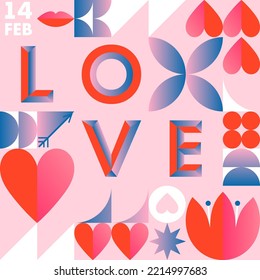 Plantilla de patrón de San Valentín.Papel mural vectorial romántico al estilo de bauhaus con elementos geométricos y símbolos.Diseño moderno de moda para impresiones, banners, tela, invitaciones, marca, cubiertas.