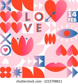 Plantilla de patrón de San Valentín.Papel mural vectorial romántico al estilo de bauhaus con elementos geométricos y símbolos.Diseño moderno de moda para impresiones, banners, tela, invitaciones, marca, cubiertas.