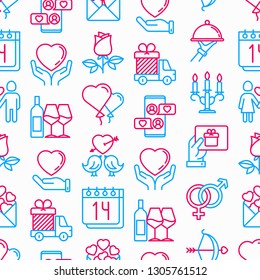 Valentine's day seamless pattern with thin line icons: couple in love, romantic evening, cupid bow, balloons, envelope, gift card, candles, love message, gift delivery. Modern vector illustration.