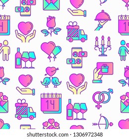 Valentine's day seamless pattern with thin line icons: couple in love, romantic evening, cupid bow, balloons, envelope, gift card, candles, love message, gift delivery. Modern vector illustration.