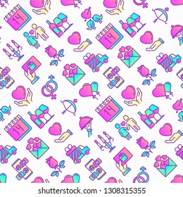 Valentine's day seamless pattern with thin line icons: couple in love, romantic evening, cupid bow, balloons, envelope, gift card, candles, love message, gift delivery. Modern vector illustration.