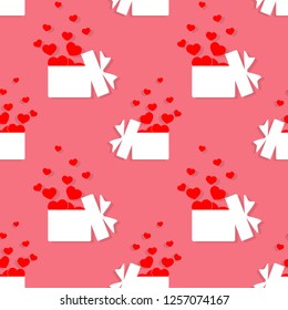 Valentines day seamless pattern of tiny red heart floating from white gift box on pink color background. Concept of love in paper art style. Vector illustration.
