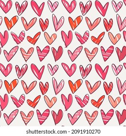 Valentine's Day seamless pattern. Trendy flat hand drawn stylized hearts. Vector illustration for wrapping, textile, fabric.