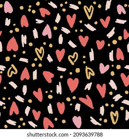 El día de San Valentín es un patrón sin fisuras. Corazones dibujados a mano plana y elementos decorativos de amor. Ilustración vectorial para embalajes y textiles.