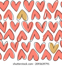 Valentinstag nahtloses Muster. Trendy flach handgezeichnet stilisierte Herzen. Vektorgrafik für Umhüllung, Textilien, Stoff.
