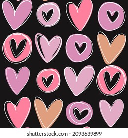 Valentine's Day seamless pattern. Trendy flat hand drawn stylized hearts. Vector illustration for wrapping, textile, fabric.