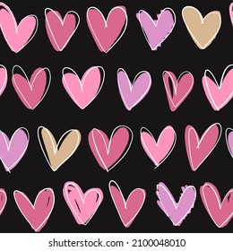 El día de San Valentín es un patrón sin fisuras. Corazones estilizados de moda dibujados a mano plana. Ilustración vectorial para envoltura, textil, tela.