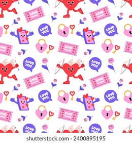 Valentines day seamless pattern. Trendy pattern with cute characters. Cupid, key, lock, flower, coupon, phone, heart. Flat vector illustration.