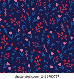 Día de San Valentín patrón sin fisuras con tulipanes, hojas, flores sobre fondo oscuro. Perfecto para papel pintado, papel de regalo, tarjetas de felicitación. Ilustración del vector