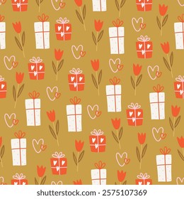 Valentine's Day seamless pattern with tulips, hearts, gifts on gold background. Perfect for wallpaper, gift paper, romantic greeting cards. Vector hand drawn illustration