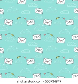 Valentines day seamless pattern with two love letters, heart and paper airplane. Vector hand drawn illustration in minimalistic style, made with ink outlines