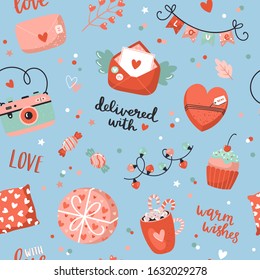 Valentines day seamless pattern. Vector illustration with romantic elements and lettering on blue background. Perfect for wrapping paper, fabric design.