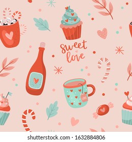 Valentines day seamless pattern. Vector illustration with hot drinks, champagne, candy canes and branches on pink background. Perfect for wrapping paper, fabric design.