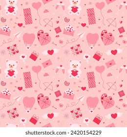 Valentine's Day seamless pattern. Vector illustration with teddy bear, paper airplane, hearts, flower, engagement rings, game tic-tac-toe