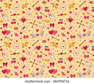 Valentine's Day. Seamless pattern for valentine's day. Vector background. Heart, arrow, bow, dove, cherry lips, kiss, crown, etc Gift Wrap. Love pattern. With love! For your design. Love backgrounds.