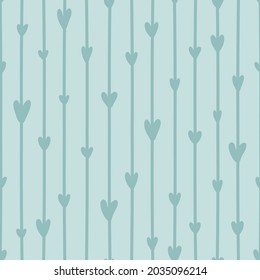 Día de San Valentín sin fisuras con rayas verticales. Una guapa guirnalda con corazones diminutos sobre un suave fondo azul. Ilustración de estilo de dibujos animados vectores para textiles, papel de envoltura, papel tapiz, papel tapiz, etc.